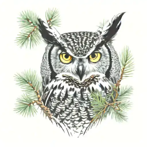 Great Horned Owl With Vibrant Eyes Peaking Through Pine Tree