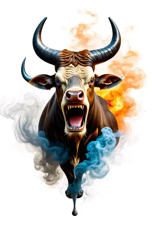 Realistic Angry Bull Big Horns Nose Ring And Smoke