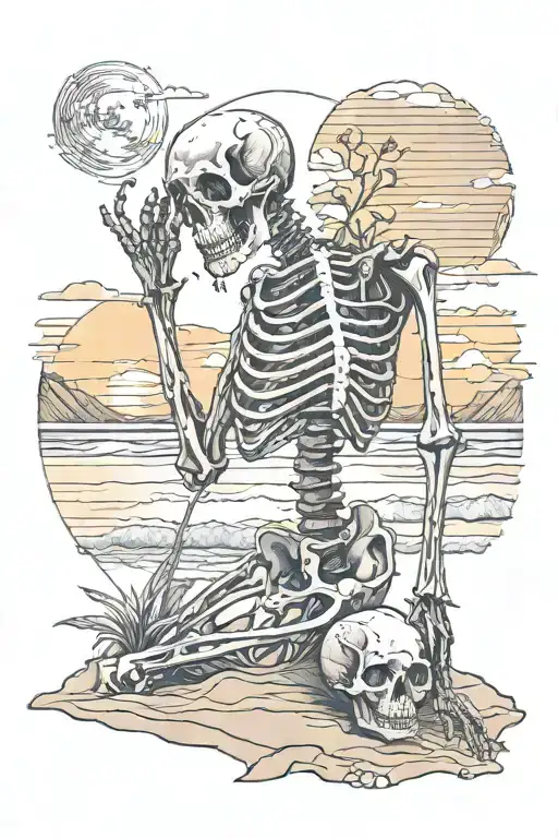 Make And Female Skeleton Looking Over A Beach Sunset