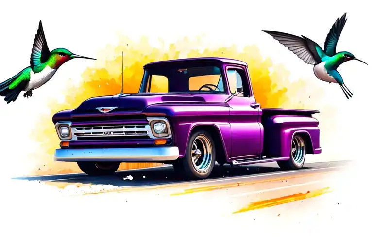 1960 Chevy Truck Driving On Road With Hummingbird Flying Around Truck