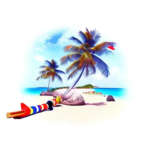 Muskets Being Fired On A Carribean Island With Palm Trees And A Beach