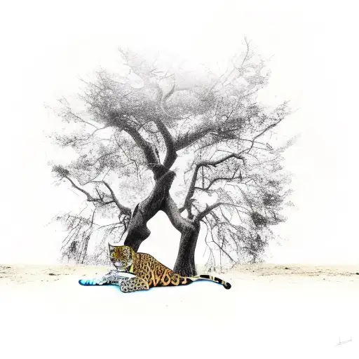 Jaguar In A Tall Dead Tree With Long Roots And Branches