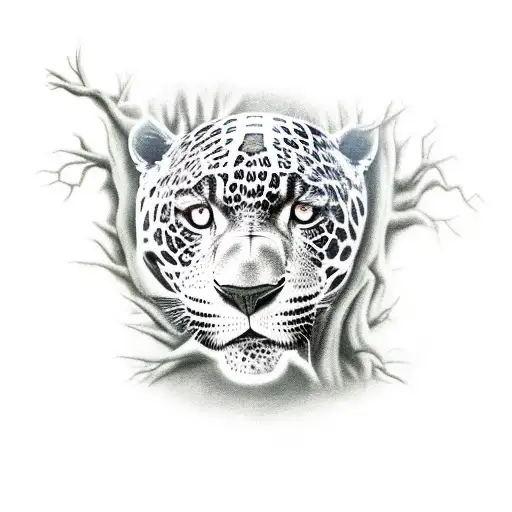 Black Jaguar Sitting In A Fully Drawn Dead Tree With Long Root