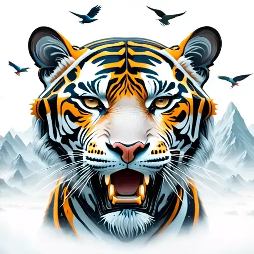 Mechanical Tiger Surrounded By Mountains And Birds