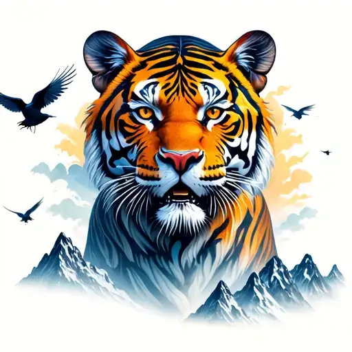 Machine Tiger Surrounded By Mountains And Birds Flying Away