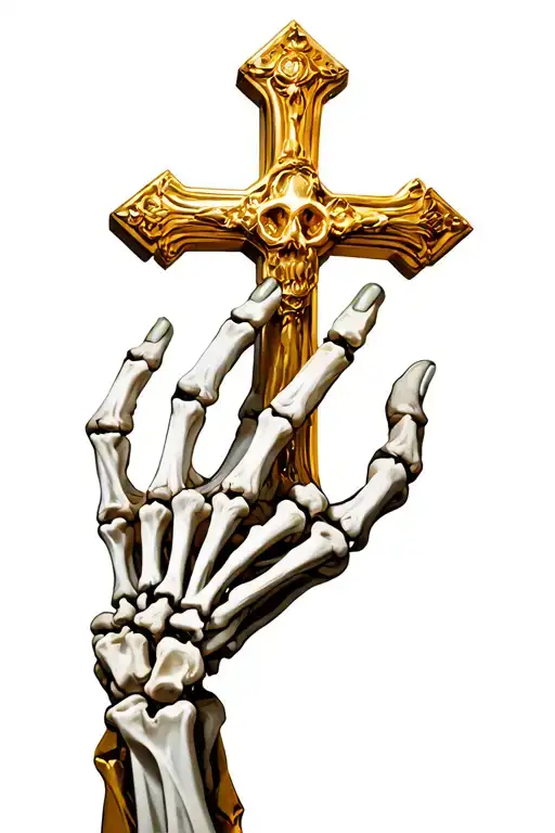 Golden Cross Held Upwards By Faded Skeleton Hand