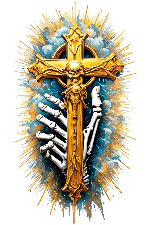 Golden Cross Held Upwards By Fading Away Skeleton Hand