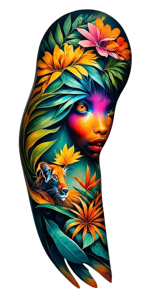 Weave Of Colours From Wrist Blending To Plants And Animals At Shoulder