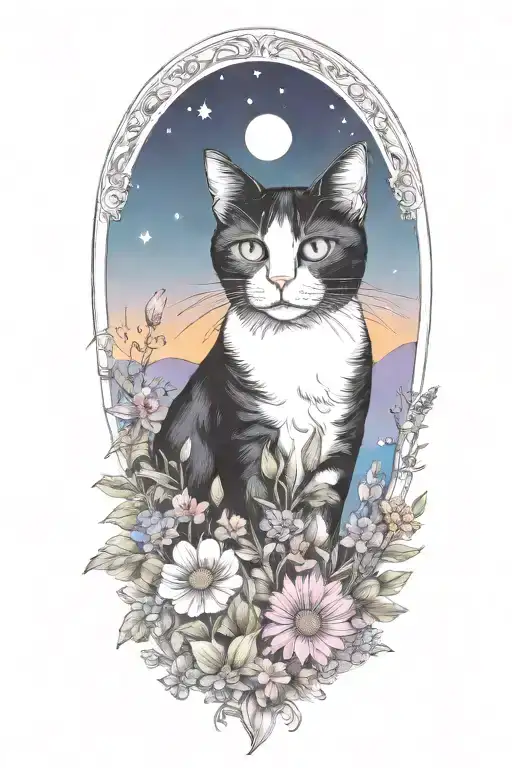 A Black And White Cat Exploring A Field Of Colorful Flowers Under A Starry Night Sky