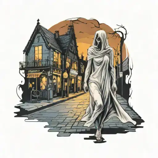 A Female Ghost Walking Through A Street At Night