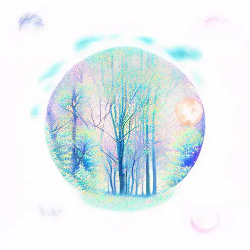Mystical Forest With Shiny Moon And Blue Watercolor Backround