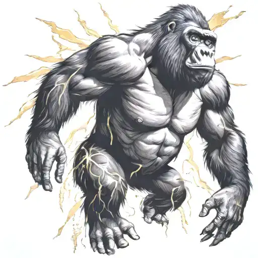 A Gorilla Reaching For The Sky With Lightning Bolts Surrounding It