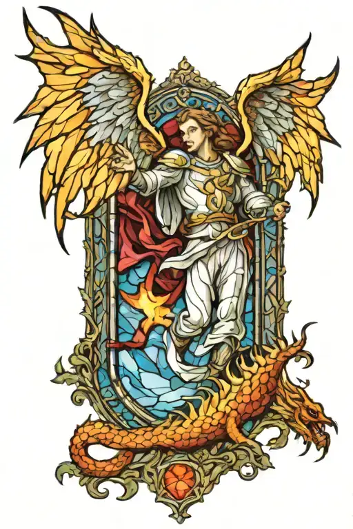 Stain Glass Window With Angel Fighting A Dragon Breathing Fire