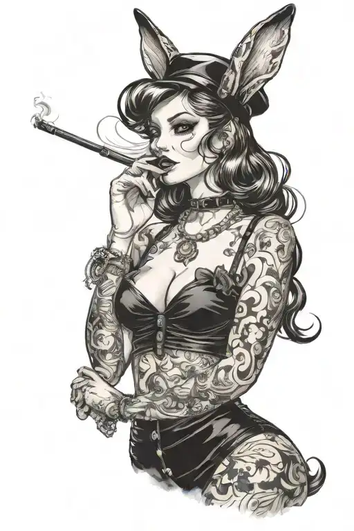 Pin Up Goth Bunny Girl Standing Smoking Sigarette And Have