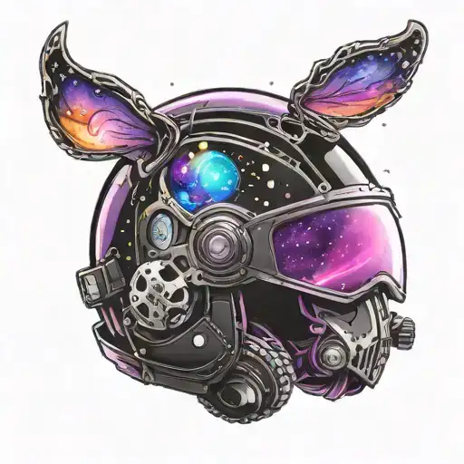 Black Motorcycle Helmet With A Purple Game Controller Reflection On The Visor Surrounded By A Galaxy