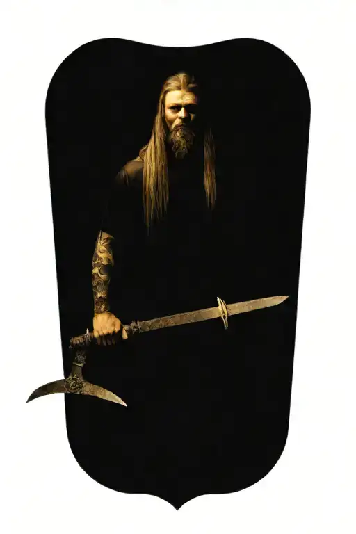 Viking With Long Hair Holdiing A Sword Surround By Skulls