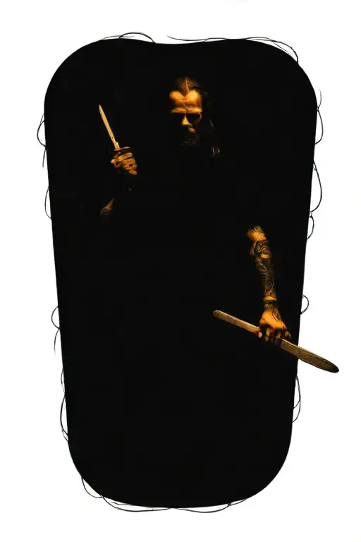 Viking With Long Hair Holdiing A Sword Surround By Skulls