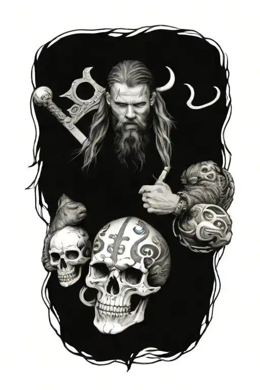 Viking With Long Hair Holdiing A Sword Surround By Skulls