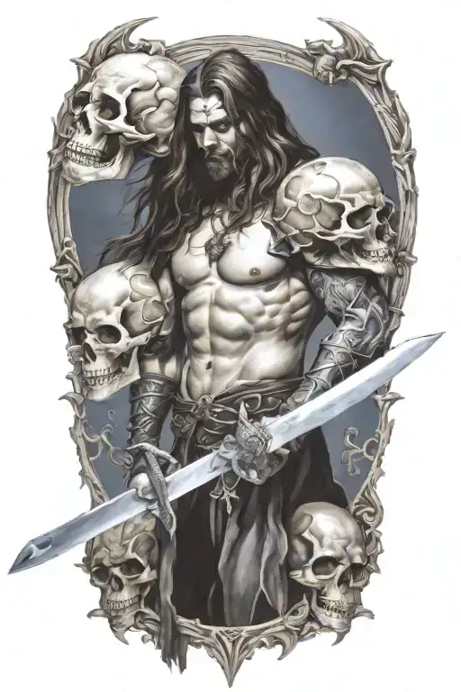 Midevil Knight With Long Hair Holdiing A Sword Surround By Skulls