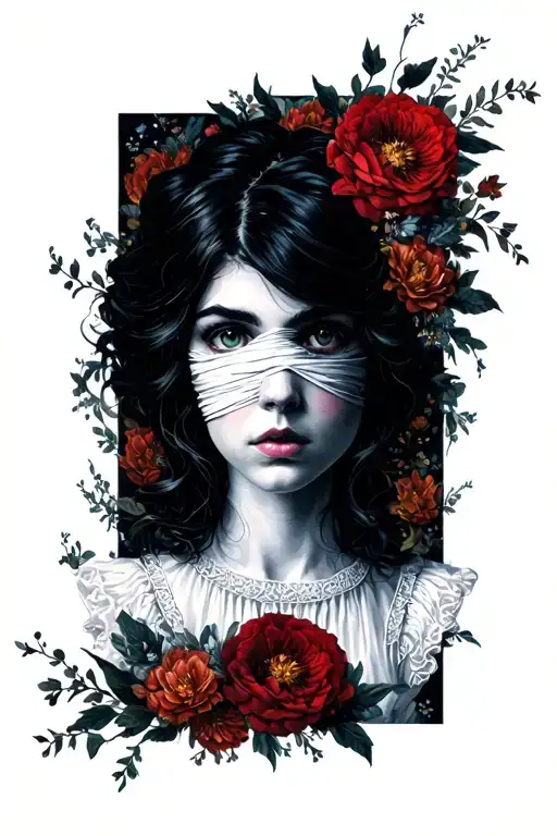 Pretty Woman Whos Left Eye Is Bandaged With Dark Hair In A Flowing White Dress Looking Sad