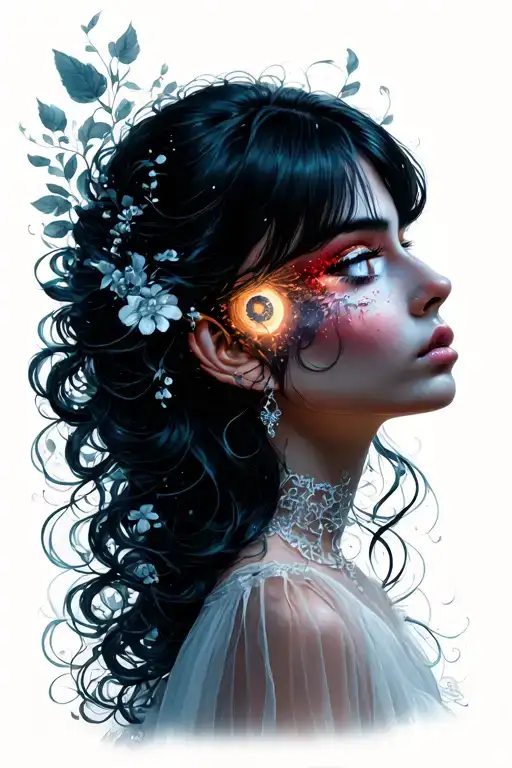 Pretty Woman Whos Left Eye Is Missing With Dark Hair In A Flowing White Dress Looking Sad