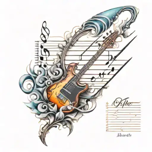 A Sleeve Tattoo Featuring A Mix Of Sheet Music And Abstract Patterns