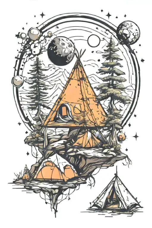 Mountains Tree Tent Moon Stars Planets Constellation Galaxy