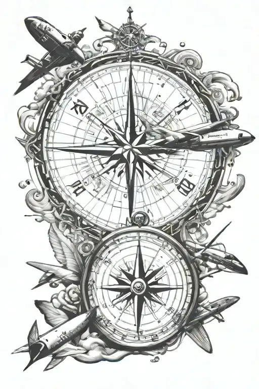 Compass With Airplane Flying Over A World