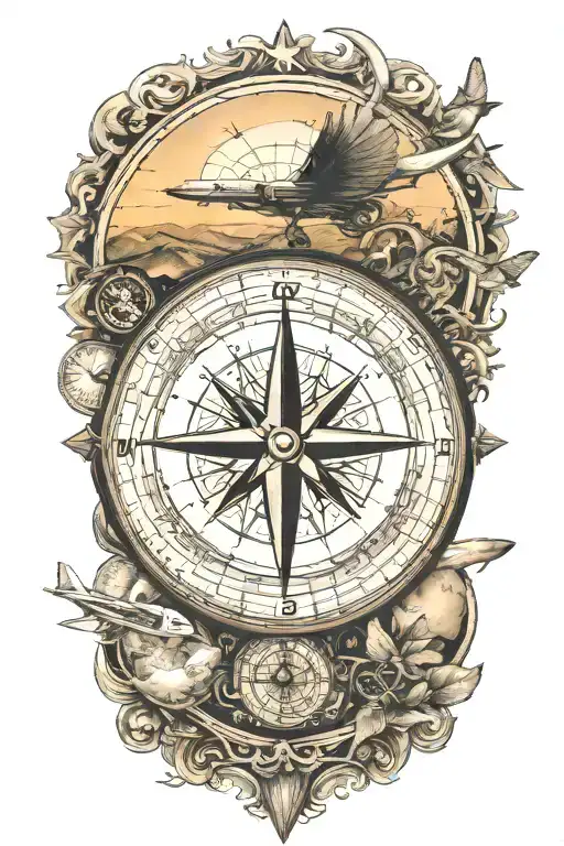 Compass With Airplane Flying Over A World