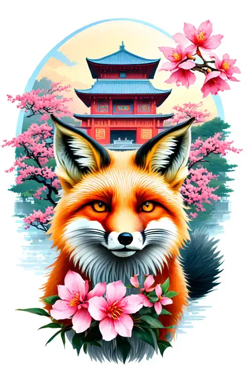Fox And Sakura Against The Background Of The Temple