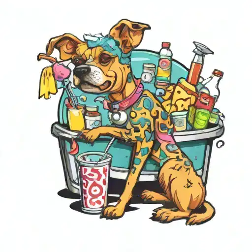 A Cartoon Dog Groomer Surrounded By Colorful Snacks And Soda