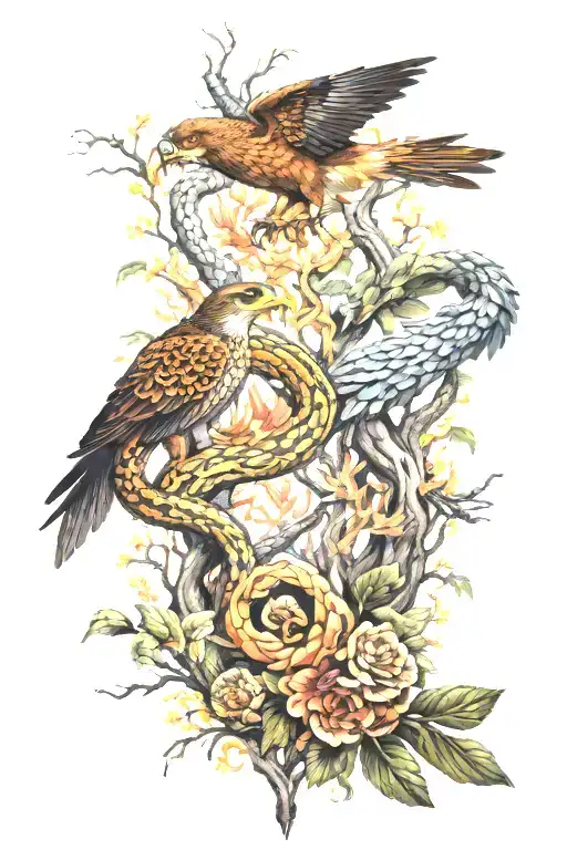 A Snake Fighting With A Hawk Near The Trees