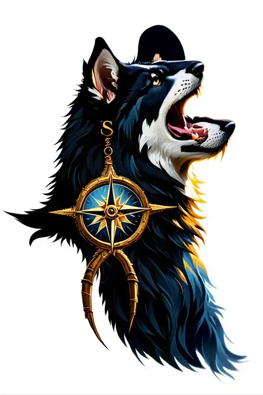 Realistic Howling Wolf With Compass Surrounded