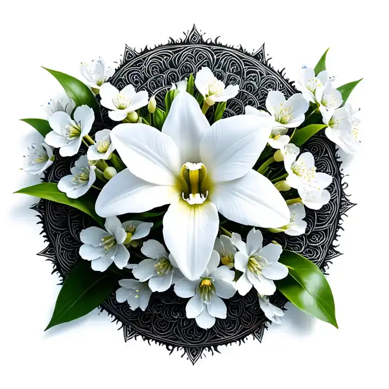Mandala Of White Cattleya With White Cherry Blossoms