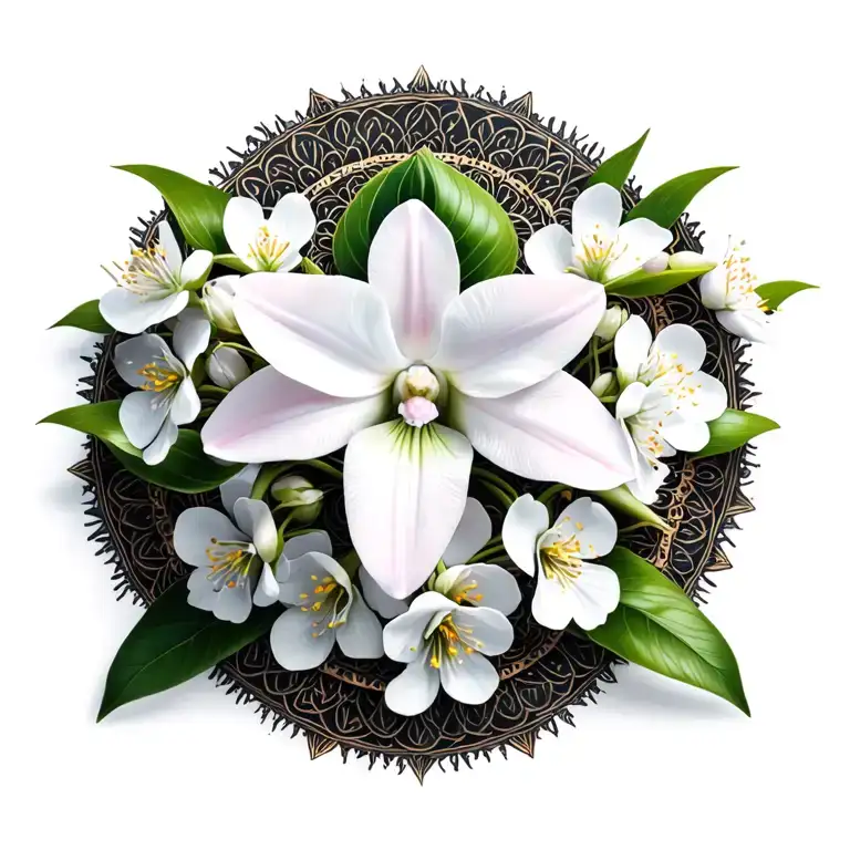 Mandala Of Pink Cattleya With White Cherry Blossoms