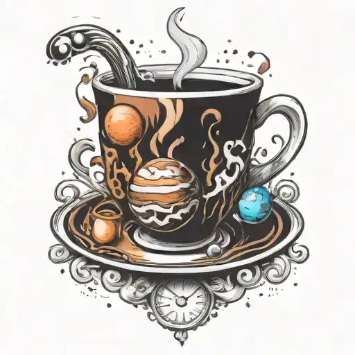 A Traditional Style Tattoo Of A Coffee Cup With Planets As Steam Coming Out