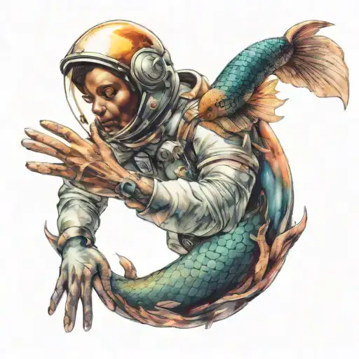 Astronaut Reaching Out And Touching Fingers With A Mermaid
