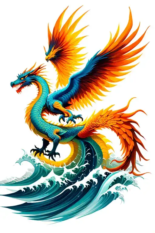 Phoenix And Dragon Rising From Waves Flowing