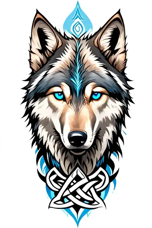 Wolf With Blue Eyes On Armor Tattoo Design Featuring Celtic Trinity Knot