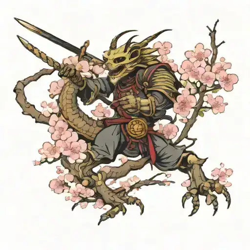 Samurai Skelton Dragon Cherry Blossom Trees
