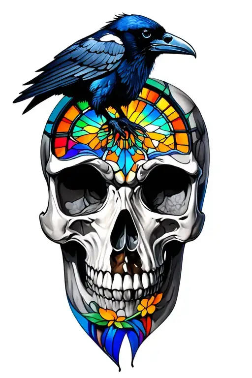 Raven On Skull With Stained Glass