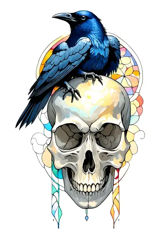 Raven On Skull With Stained Glass Background