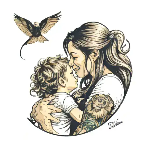 Happy Mom With Long Dark Hair Looking At Son One Year Old With Blonde Hair