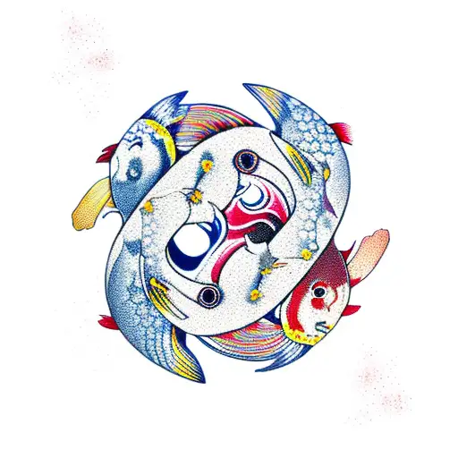 Yin Yang Koi Fish With Cherry Blossoms With Color On Hip And Thigh