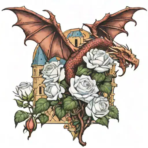 Looking Out Of A Crowded Rosebush With White Roses And Thorns Onto A Dragon Flying Around A Castle