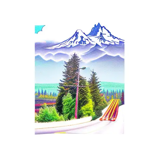 Mt Hood In The Background With Truck Driving Down A Road Through The Trees Towards It