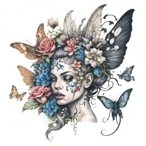 Fairy Surrounded By Moths And Mushrooms And Flowers