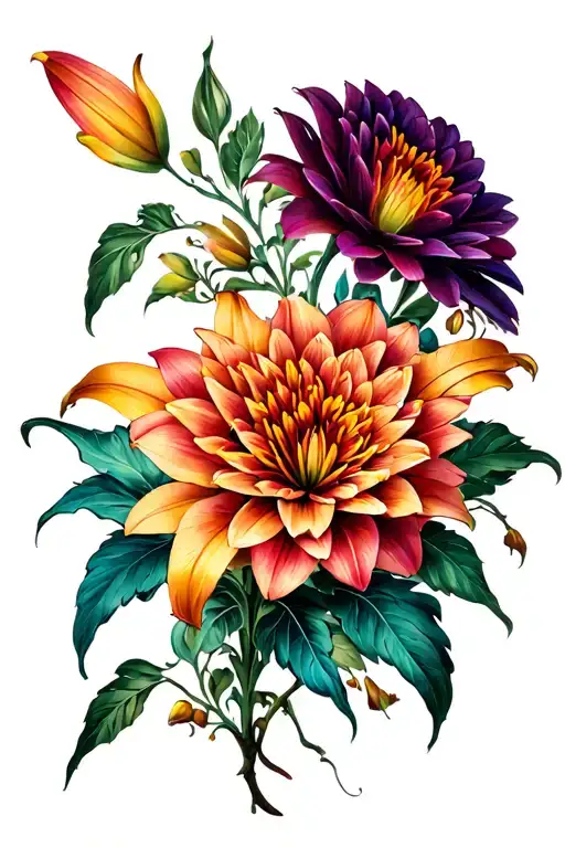 Tiger Lillies And Dahlias