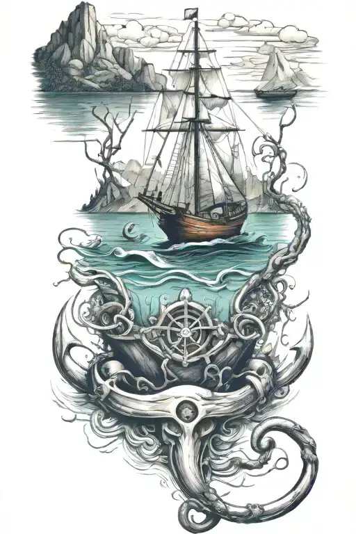 Anchor Underwater Entangled With A Stethoscope Under A Sailboat On A Lake Surrounded By Mountains