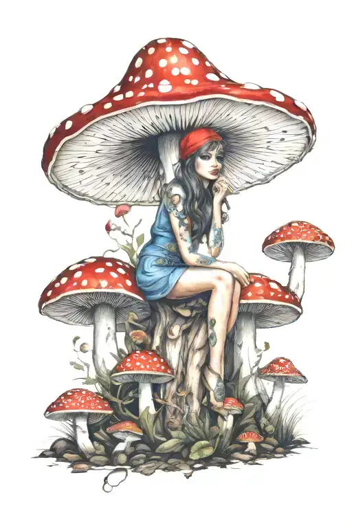 Fairy Sitting Under Amanita Muscaria Mushroom